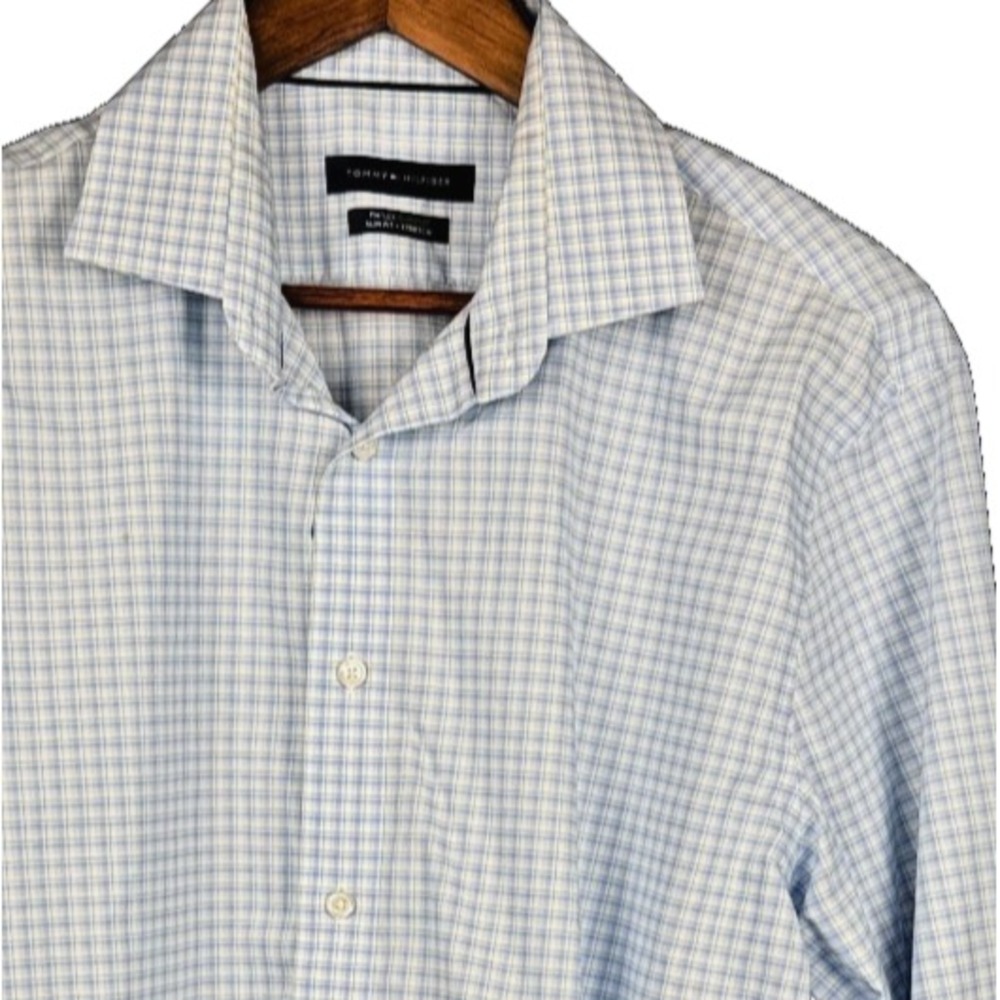 Tommy Hilfiger Shirt Mens THFlex Supima Slim Fit Stretch Blue Plaid Long Sleeve